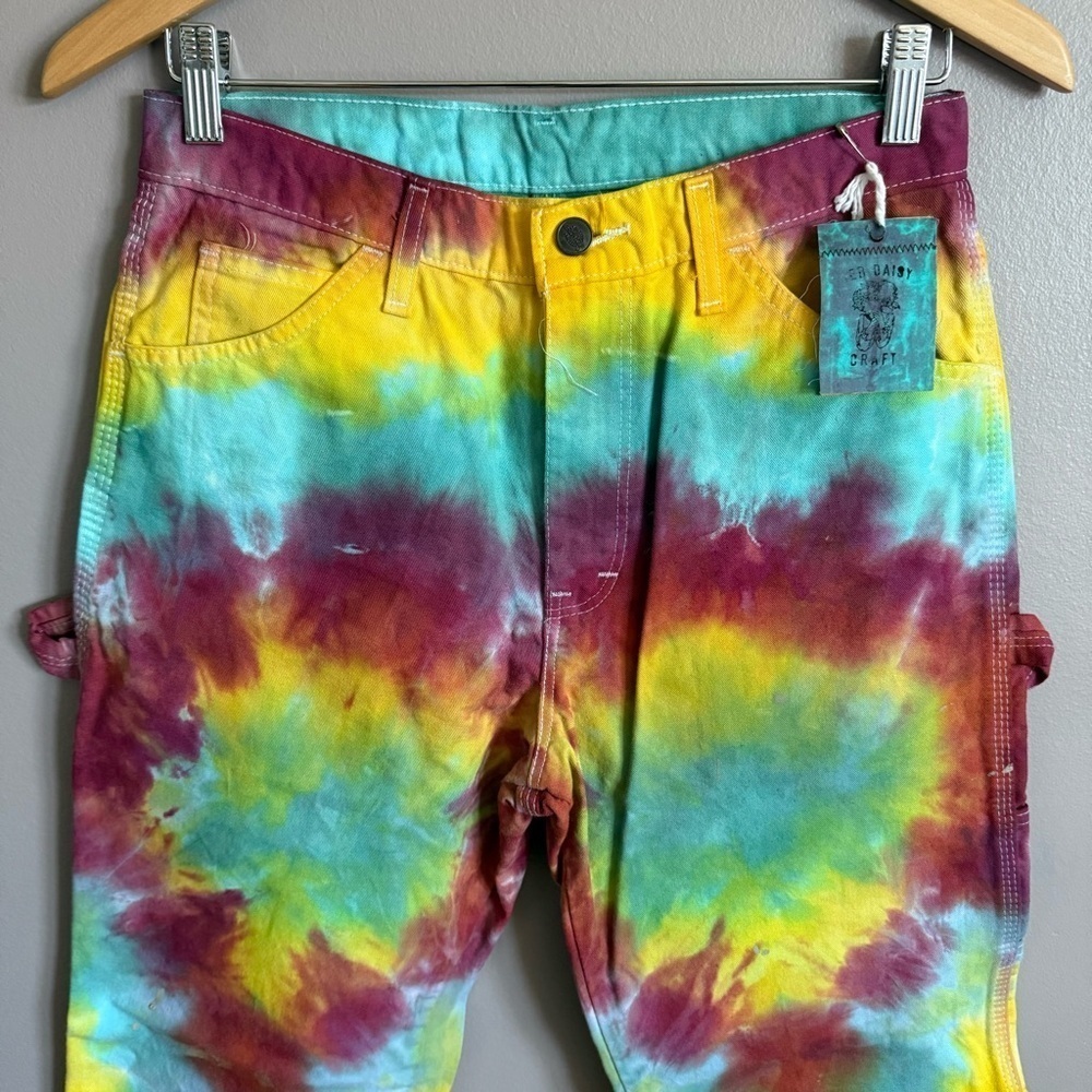 Upcycled Men's Rainbow Tie Dye Dickies Cargo Painter Jeans 30x30 Festival Rave - Picture 3 of 11